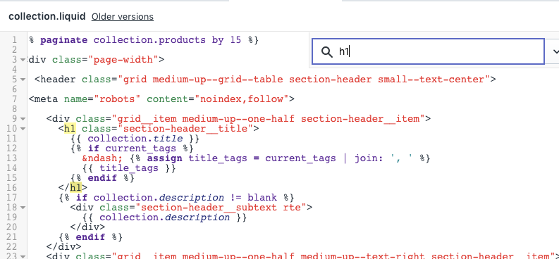 shopify edit code language theme editor to change heading tags on page