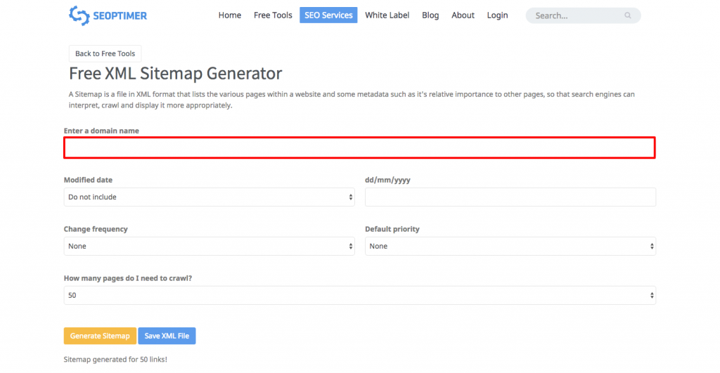 seoptimer Sitemap-Generator wie man URL eingibt